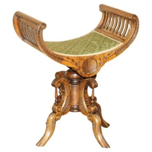 ANTIQUE VICTORIAN WALNUT MUSIC DRESSING TABLE STOOL DECORATIVE BASE CURVED SEAT - Picture 1 of 18
