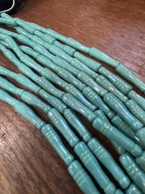 Vintage Turquoise Art glass  Molded Glass beads Tubular 1950s Era 16in Strand - Image 1 of 4