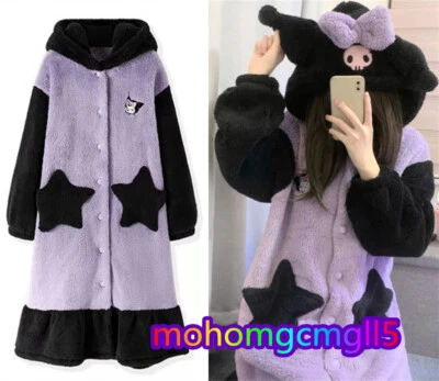 Women KUROMI Cosplay Pajamas Nightgown Bathrobe Cute Winter Long Flannel Dress - Image 1 of 4