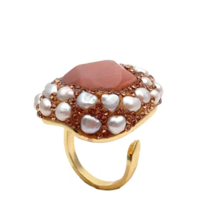 Y·YING Natural Gemstone Cultured White Pearl Sunstone Ring Handmade For Women - Picture 1 of 6