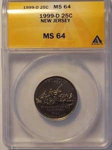 1999 D 25C STATE QUARTER NEW JERSEY ANACS MS 64 #K201 - Picture 1 of 4