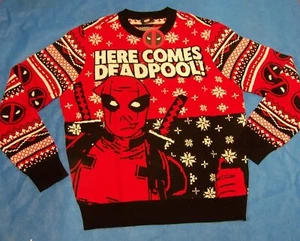 Size XL Mens Holiday Christmas Sweater Marvel Here Comes Deadpool ! - Picture 1 of 4