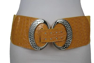 Women Silver Metal Buckle Fashion Belt Yellow Stretch Waistband Hip Waist S M - Image 1 of 4