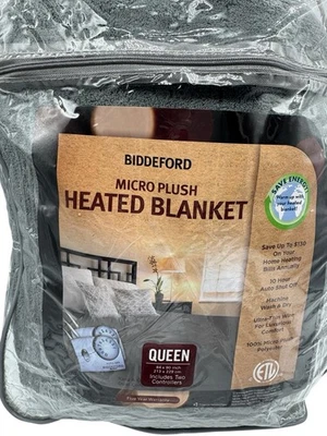Biddeford Heated MicroPlush Electric Blanket Queen Full Gray Dual Control 90x84 - Image 1 of 4