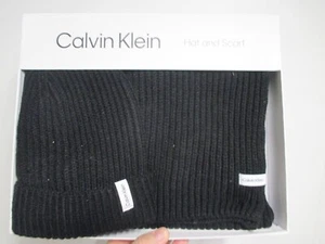 CALVIN KLEIN MENS "CUFFED" WINTER BEANIE HAT & SCARF SET (O/S) NWT BLACK RIBBED - Picture 1 of 7