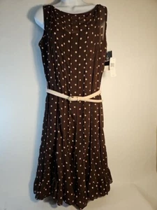 Sandra Darren Brown W/Pink Polkadots Pleats Ruffled Hem Sz 16 Zippered Back NWT  - Picture 1 of 15