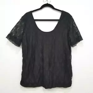 🌴 Bongo Black Floral Lace Overlay Short Sleeve Blouse Top Plus Size 1X 16 18 🌴 - Picture 1 of 6