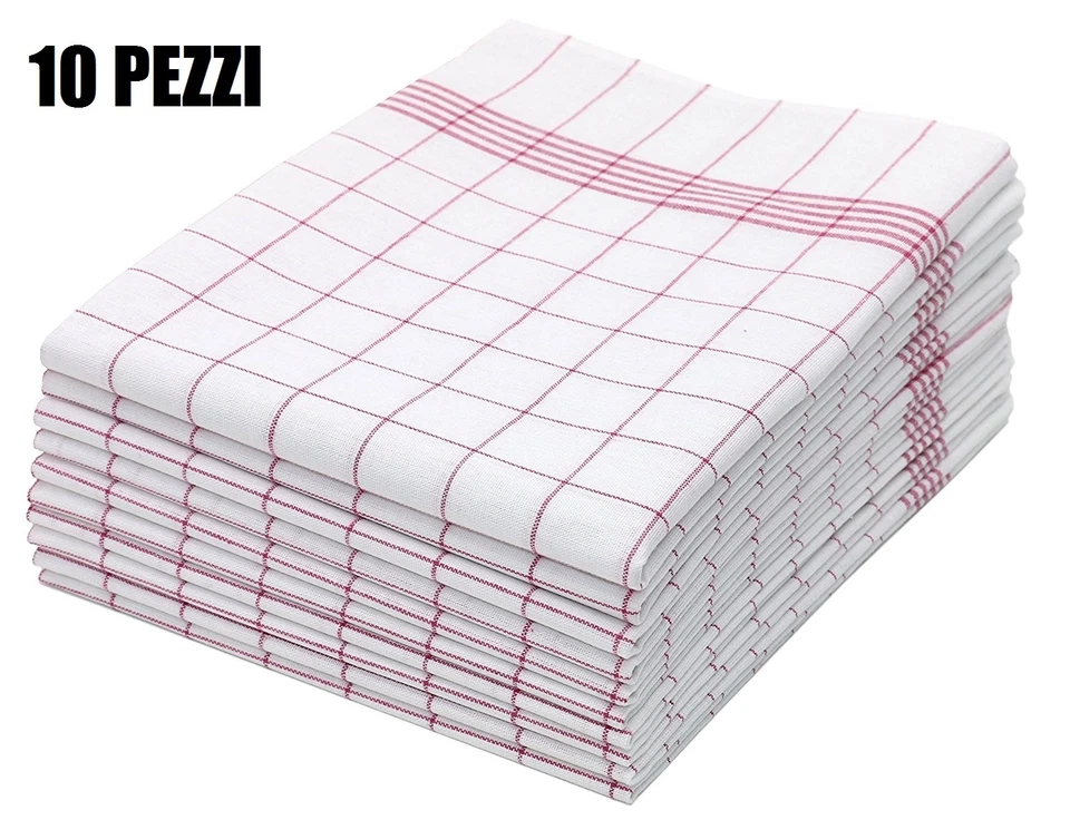 10 Strofinacci da cucina ZOLLNER Canovaccio 100% Cotone 50X70 Bianco Rosso