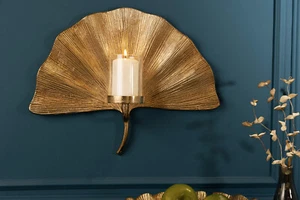 Wandkerzenhalter Windlicht Ginkgo Design, Glas Leaf 44cm Kerzenhalter, Gold - Bild 1 von 6