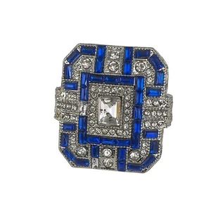 Art Deco Style Silver & Blue Statement Ring With Crystal Accents - Picture 1 of 11