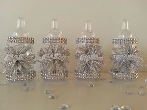 12 biberones rellenables de plata | decoraciones de baby shower | premios favoritos juegos niña - Imagen 1 de 9