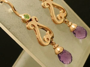 E056- Genuine 9ct SOLID Rose Gold NATURAL Amethyst Briolette DROP Earrings - Picture 1 of 3