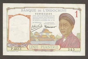 French Indochina 1 Piastre N.D (1946); AU; P-54c; BNB-B141c; Farmer with baskets - Picture 1 of 3