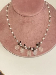 CARVED QUARTZ QUARTZ GARNET REAL PEARLS PIGTAIL NECKLACE 925 - Picture 1 of 14