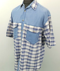 Mens Vintage Shirt LARGE 90s Y2k Short Sleeve Hippy Retro Loose Relaxed Blue - Picture 1 of 9