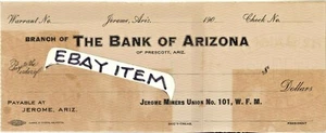 1905 RARO BANCO cheque de Arizona de Prescott Jerome Miners Union Nº 101 W.F.M. - Imagen 1 de 1