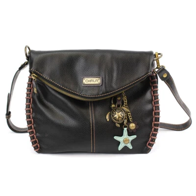 Chala Leather Crossbody Bag with Zipper Flap Top- Black with keychain  - Image 1 of 2