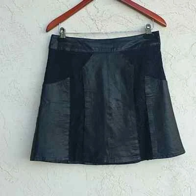 NANETTE LEPORE 女式皮革蕾丝 A 字黑色迷你裙 10 码 — 第 1/4 张图片