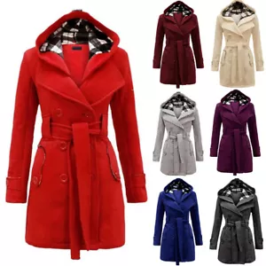 Mujeres Abrigo de invierno Doble pecho Cinturón Sobretodo Chaqueta con capucha Ropa cálida - Imagen 1 de 17