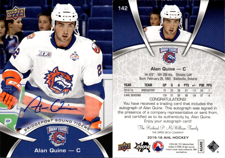 2015-16 Upper Deck AHL Autographs #142 Alan Quine Auto - NM-MT - Image 1 of 1
