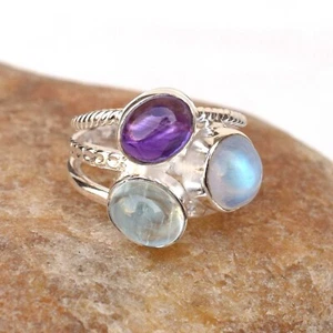 Natural Multi Stone Ring 925 Sterling Silver Stackable Ring Size 7.5-NR025 - Picture 1 of 3