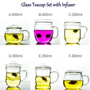 300ml 450ml Heat Resistant Clear Glass Herbal Tea Cup With Infuser Tea Mug Set - Picture 1 of 40