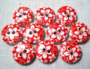 15/106 - BOUTON BOIS ROND ** 15 mm ** Qté x6 ou x10 - FLEUR Blanche ROUGE - Picture 1 of 1