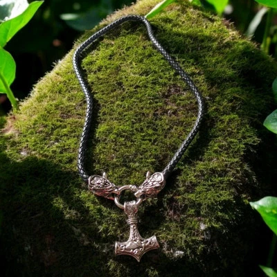 Norse Viking Thor's Hammer Mjolnir Pendant Stainless Steel Wolf Dragon Necklace - Image 1 of 4