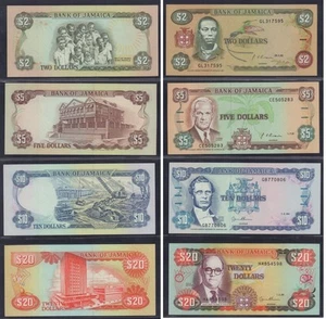 GIAMAICA anni 90 LOTTO DI 4 BANCONOTE BANCONOTE 2, 5, 10, 20 DOLLARI MINT UNC NUOVE - Foto 1 di 1