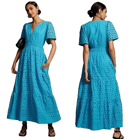 Maxi Vestido Anthropologie The Somerset Edición Ojales Azul Talla Pequeña Foto 1 de 4