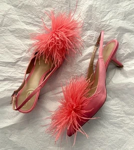 Rose Pink Feather Slingback Pointed Toe Heels Y2K Sexy Boho Sam Edelman Bianka 8 - Picture 1 of 13
