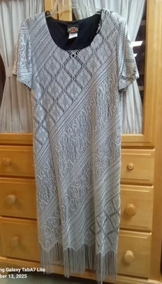 Vestido vintage de los años 90 HELENE BLAKE romántico plateado/gris forrado con flecos encaje talla 14 Foto 1 de 4