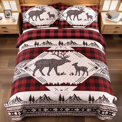 3 Piece Cabin King Size Quilt Sets Christmas Rustic Reversible Microfiber Sof... - Image 1 of 4