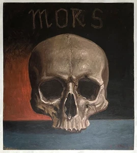 Scuola italiana anni 50, teschio, vanitas, ricordo mori, olio su piastra rame, firmato - Foto 1 di 5