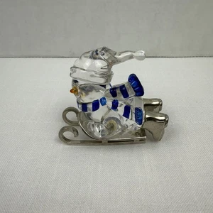 Small Acrylic Snowman Sledding 3" x 3", Blue Striped Scarf - Picture 1 of 7