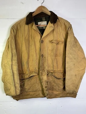 HEAVILY DISTRESSED CANVAS HUNTING JACKET M CORDUROY COLLAR PLAID FLANNEL LINING - Image 1 of 4