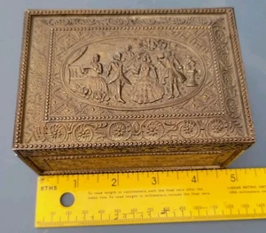 Antique Vintage Ornate Musicians Embossed Goldtone Trinket Jewelry Box Hinged - Picture 1 of 9
