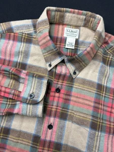 LL Bean Mens XL-Reg Shirt 100% Cotton Plaid Flannel Multicolor 228061 Tan Red - Picture 1 of 10