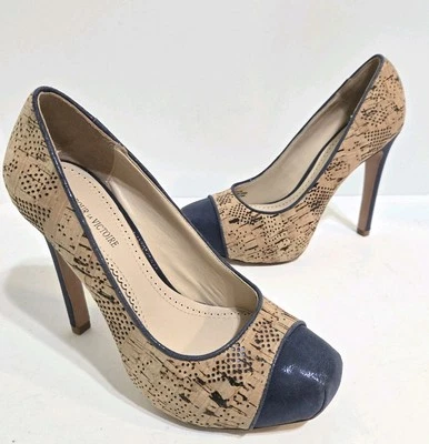 Pour La Victoire Gianni Pumps 6 Cork Leather toe Stiletto 4.5" heel 1" platform - Image 1 of 4