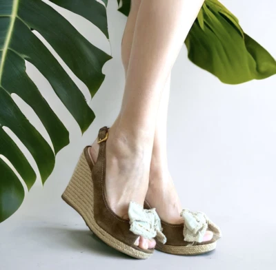 PRADA Beige Suede & Canvas Bow Peep Toe Espadrille Wedge Sandals, Size 39.5 - Image 1 of 4