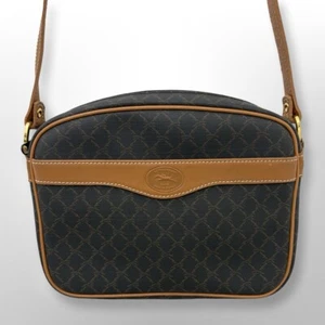 Vintage Longchamp Leather and Canvas Crossbody Bag Black Grey Caramel - Picture 1 of 10