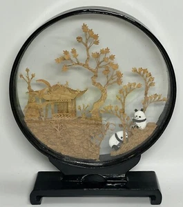 Vintage Chinese SAN YOU DIORAMA Cork Carving Glass Case Pagoda Trees Panda Bears - Picture 1 of 7
