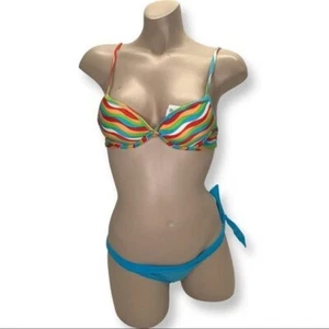 Recco Brazilian Teal And Multi Stripes Bikini Set NWT - Picture 1 of 4