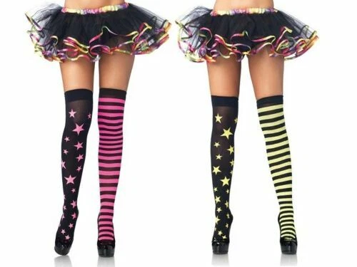 Estrellas y rayas Leg Avenue rosa neón o amarillo hasta los muslos Foto 1 de 1