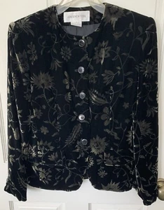 Vintage Jones New York Women’s Black Floral Velvet Jacket Shoulder Pads Size 4 - Picture 1 of 7