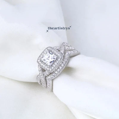 Moissanit Braut Set Verlobungsring Princess Cut 2,50 ct massiv 14K Weißgold - Bild 1 von 4