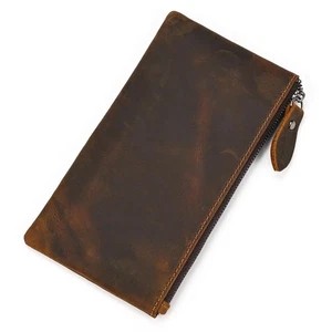 Mens Genuine Leather Long Wallet Bifold Long Wallet Zipper Wallet (Dark Brown) - Picture 1 of 7