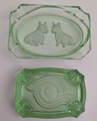 GREEN - GLASS ASHTRAY PAIR - 1930S - ART DECO - GLOWS - SCOTTY DOG & TUBE LINE  - Image 1 of 4