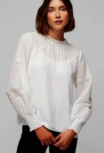White House Black Market WHBM white blouse embroidered long sleeve Size 12 New - Picture 1 of 4
