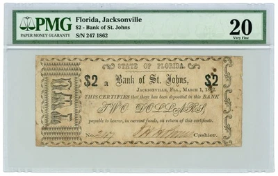1862 $2 The Bank of St. Johns - Jacksonville, FLORIDA Note PMG VF 20 - Image 1 of 2